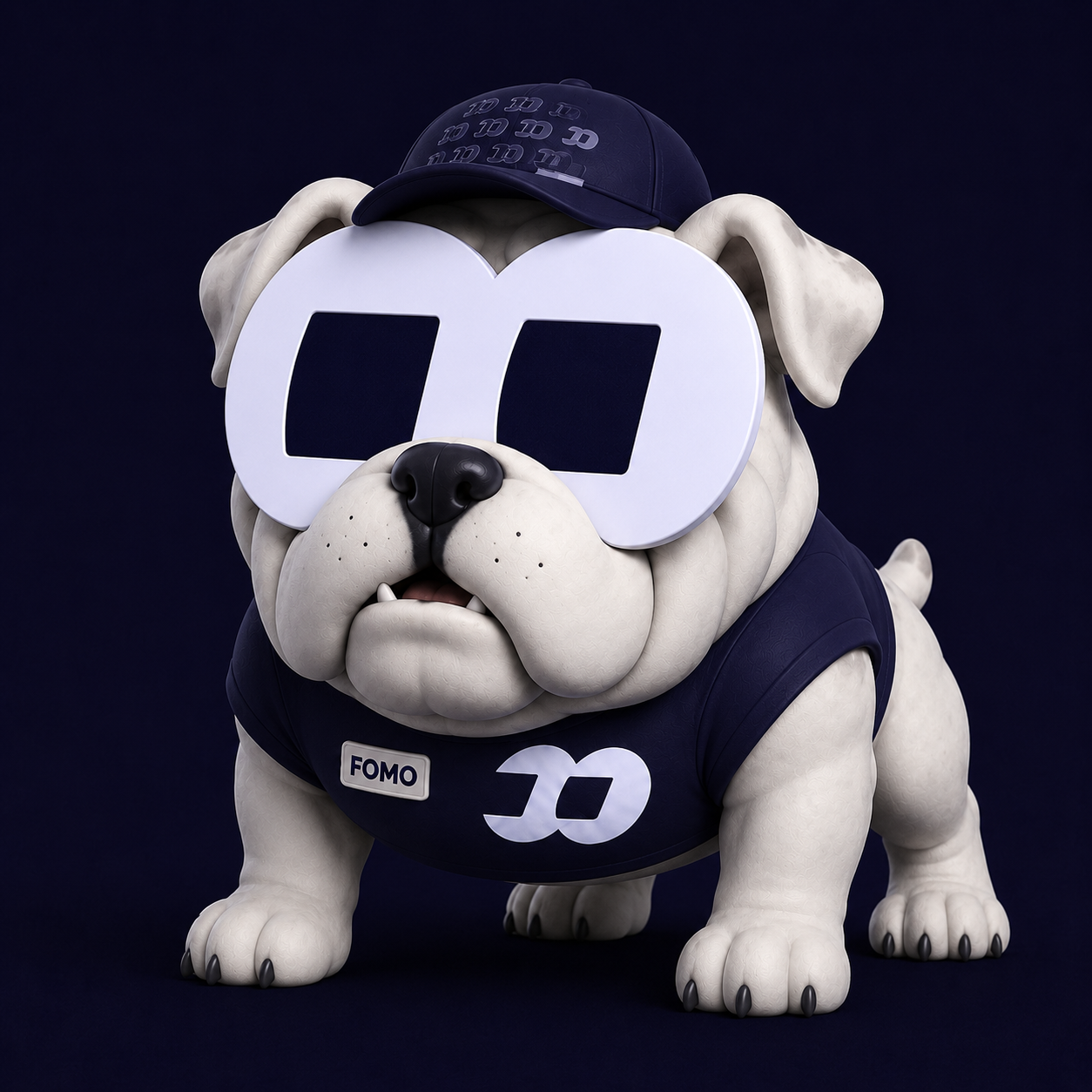 A white FOMO Dawg wearing a navy FOMO cap, oversized white sunglasses and a navy jersey