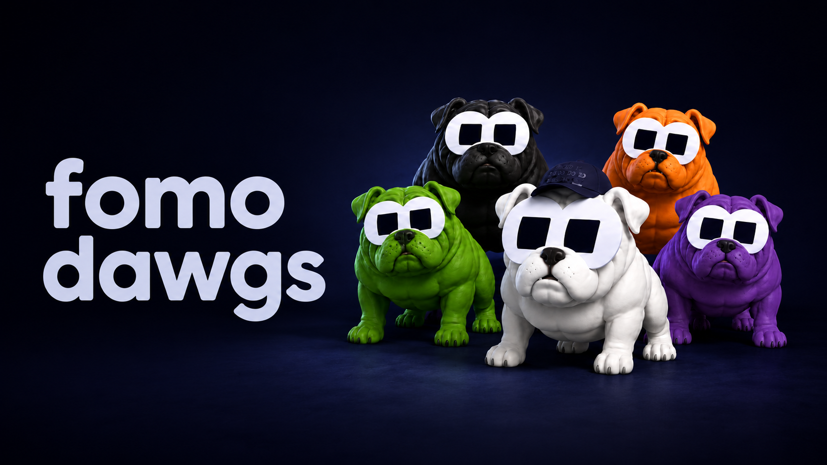 The five FOMO Dawgs in green, black, white, orange and purple wearing oversized white sunglasses, beside the fomo dawgs wordmark